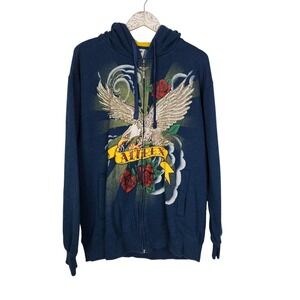 AVIREX Hoodie Mens Large Blue Eagle Rose Tattoo Graphic Fleece Full Zip